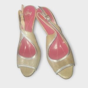 Kate Spade New York Gold Glittery Silver Trim Sling Back Peep Toes Heels 6B